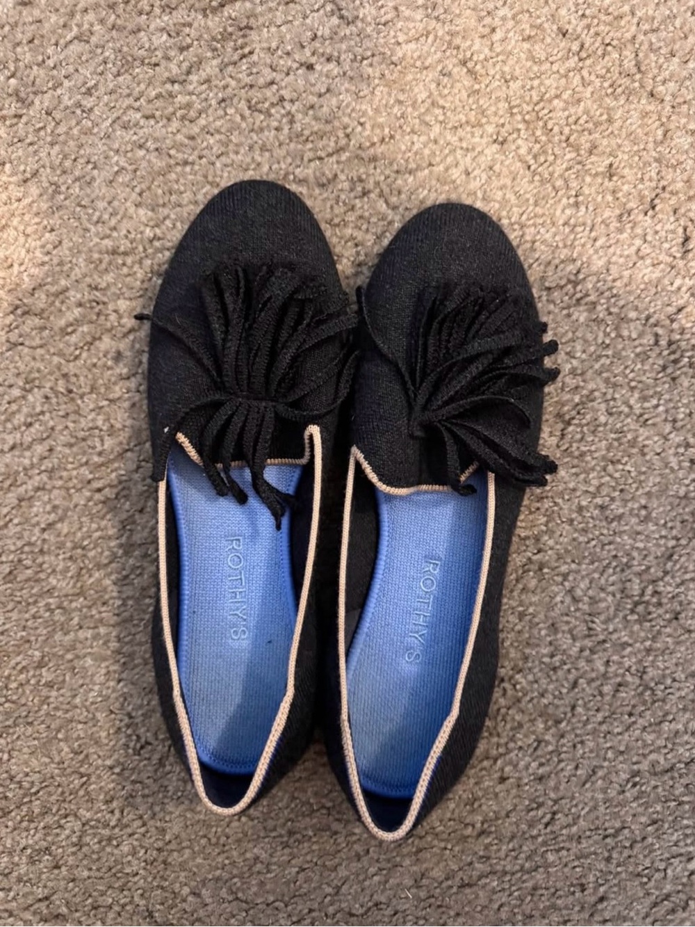Rothy's Black Knit Tassel Ballet Flats with Light Blue Insole